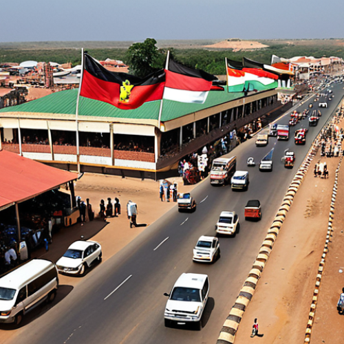 Home 11 Regional Economic Integration**
* Prompt: "Bustling border market scene between Angola and a neighboring country. Focus on the exchange of goods, simplified customs procedures, modern transportation infrastructure (roads, logistics). Illustrate a sense of mutual benefit and economic growth. Flags of Angola and the neighboring country are subtly visible."
**