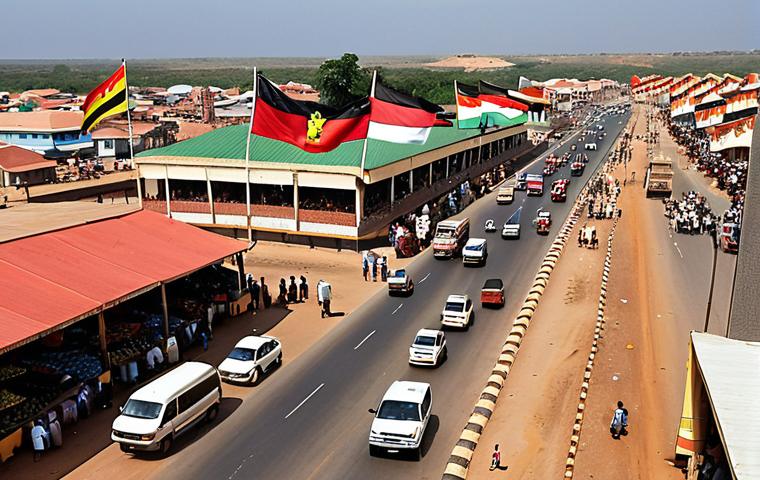 Regional Economic Integration**
* Prompt: "Bustling border market scene between Angola and a neighboring country. Focus on the exchange of goods, simplified customs procedures, modern transportation infrastructure (roads, logistics). Illustrate a sense of mutual benefit and economic growth. Flags of Angola and the neighboring country are subtly visible."
**