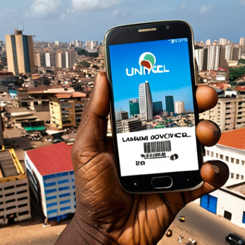 Home 6 **An Angolan holding a SIM card with Unitel or Movicel logo, in front of a bustling Luanda cityscape.** (Focus: telecommunications in Angola, urban setting)
