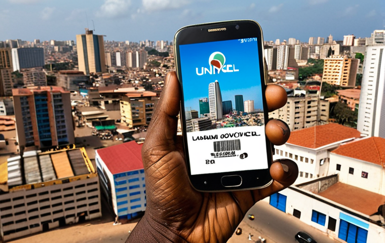 **An Angolan holding a SIM card with Unitel or Movicel logo, in front of a bustling Luanda cityscape.** (Focus: telecommunications in Angola, urban setting)